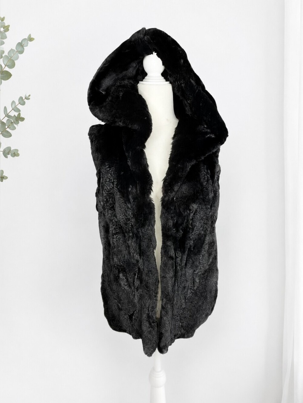 Jocelyn Black Rex Rabbit Fur Hooded Vest Genuine Fur Luxe Layering Piece Small